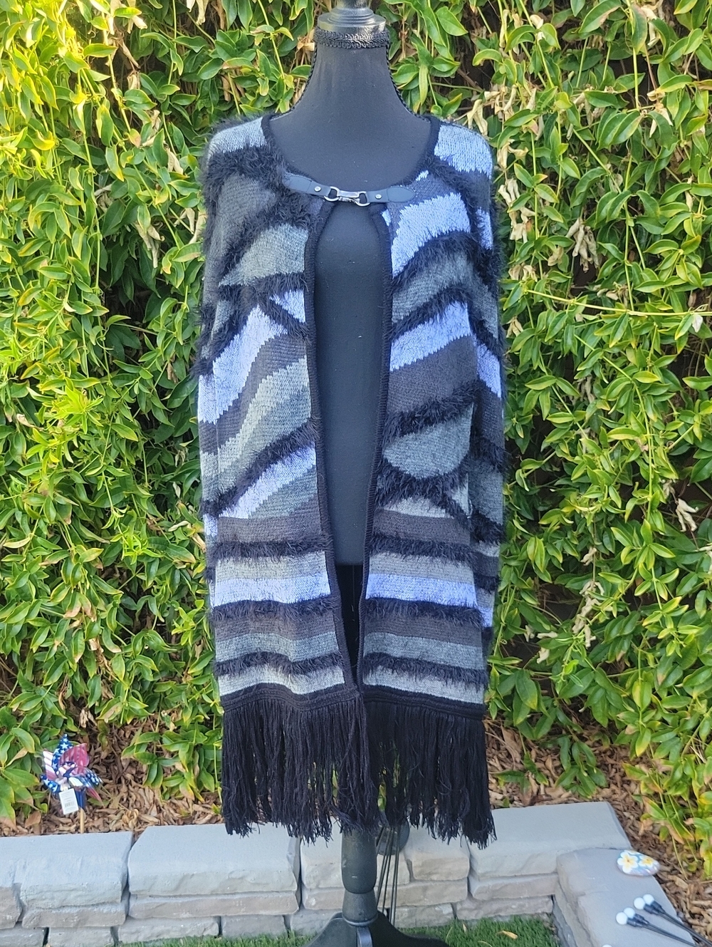 BCBGMaxAzria Black and Gray Striped Fringe Open-Front Poncho